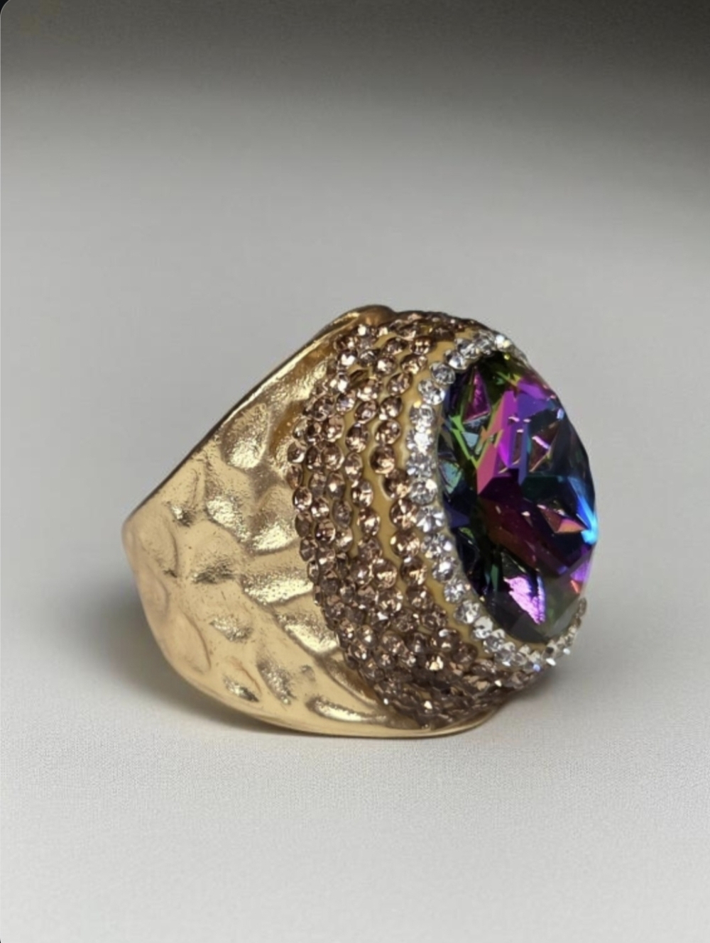 18k Gold Plated Hammered Oversized Watermelon Volcano Crystal Ring - Picture 2 of 5